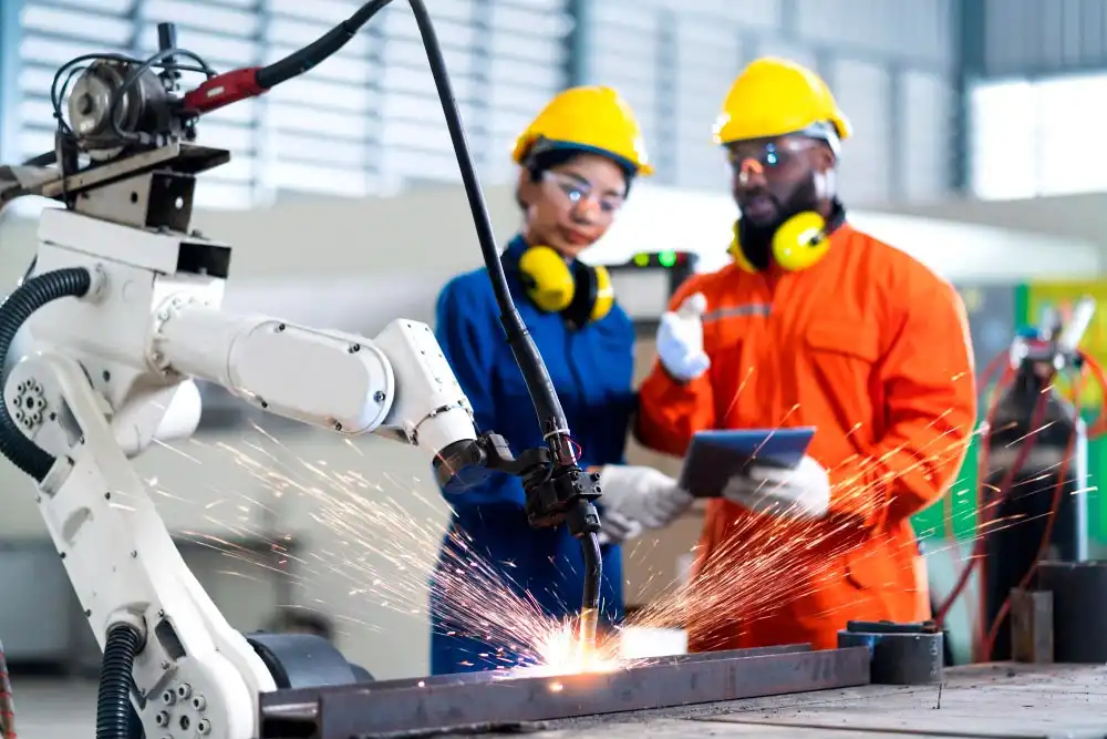 Industrial robot arm in a safeguarded work cell illustrating ISO 10218-1:2025 safety requirements